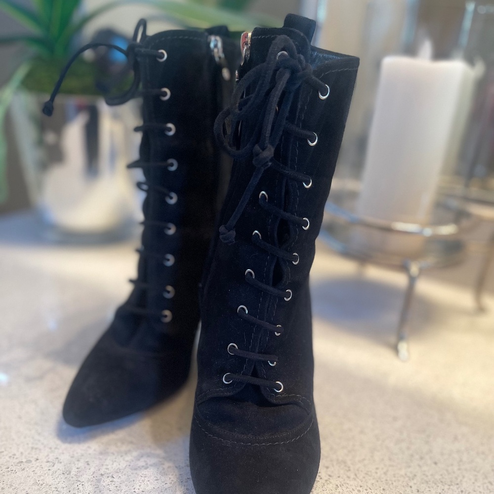 M.Gemi Annata Black Suede High Heeled Boot Lace Up Ankle Booties - Picture 7 of 15